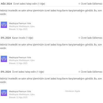 Meditopia YEDİ70 Kartımdan Çekilen Uygulama Ücretini İade Etmiyor