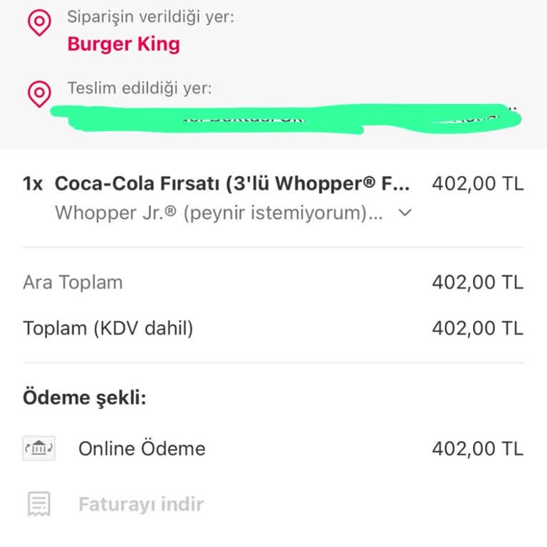 Yemek Sepeti Teslim Edilmeyen Faturası Olmayan Burger King Siparişi