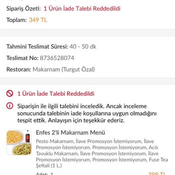 Trendyol Yemek Ücret İade Kabul Etmiyor