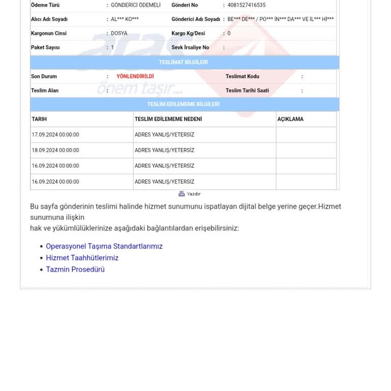 Aras Kargo Adres Yetersizliği Kargo