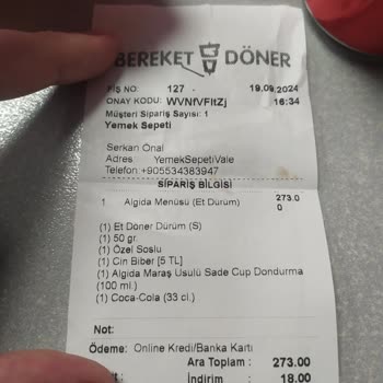 Bereket Döner Siparişim Eksik Geldi