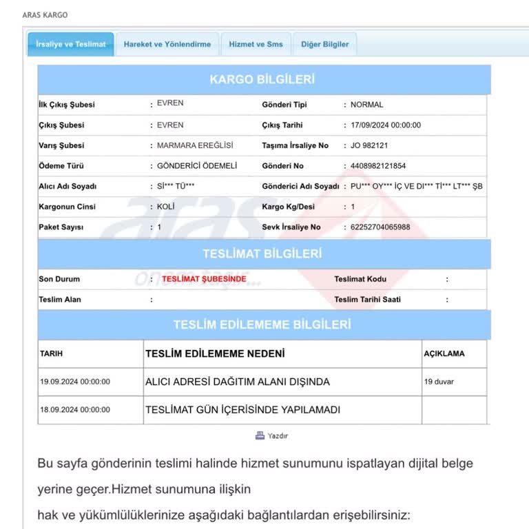 Aras Kargo Teslimat Adresi Dışında Ne Demek