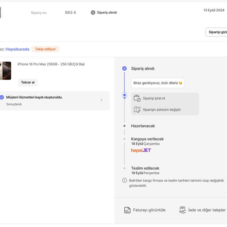 Hepsiburada.com İphone 16 Pro Max Ön Sipariş Geciktirmesi