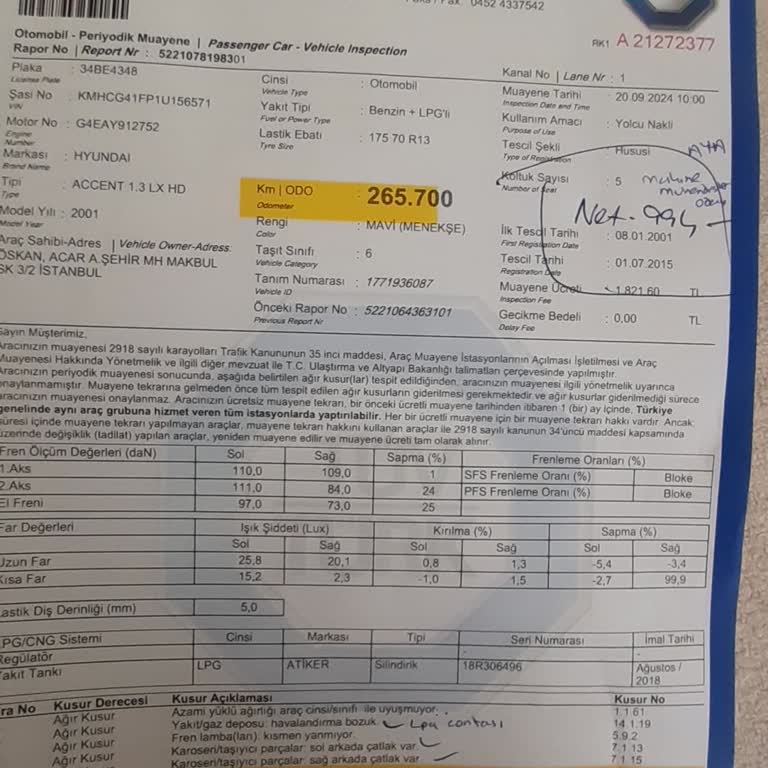 TÜVTÜRK Araç Muayenesi Azami Yüklü Ağırlığı Uyuşmuyor.