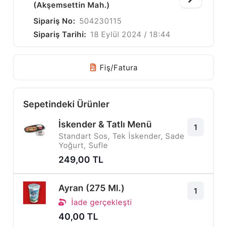 Migros Yemek Siparişi Teslim Alınmayan Ürününün İadesi Yapılmadı