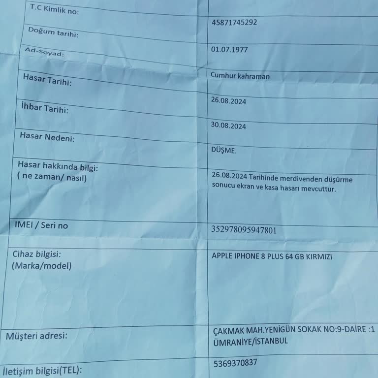 EasyCep Kaskoya Gönderdiğim Cep Telefonum