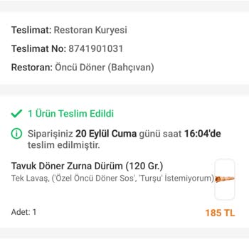 Öncü Döner Teslim Edilmeyen Sipariş