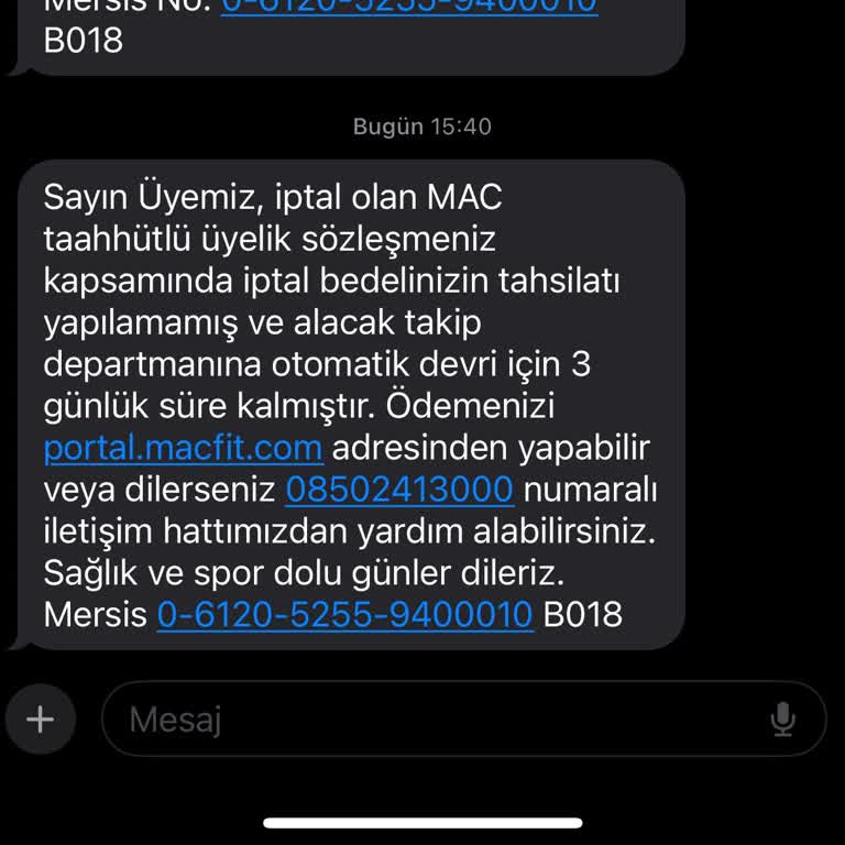 MACFit (İstanbul Avrupa) Macfit İcra Tehdit Mesajları