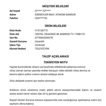Vestel TV Ekranda Katlanma Hatası