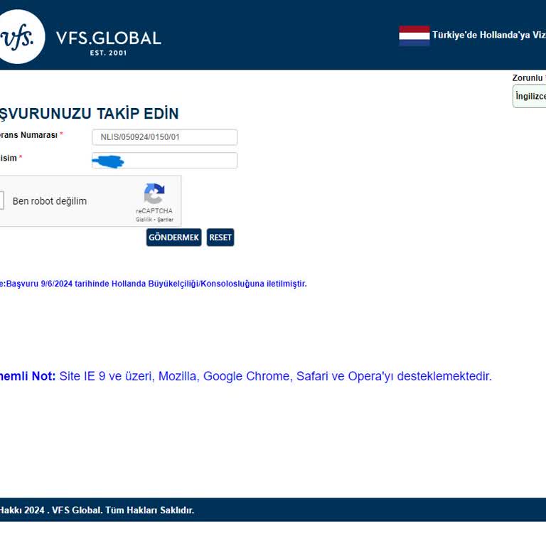 VFS Global Hollanda Vizesi İçin Geri Dönüş Sağlanmıyor.