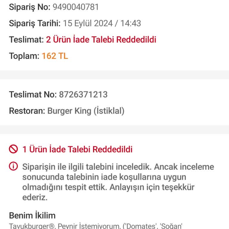 Trendyol Yemek Yanlış Sipariş Ve İade Sorunu