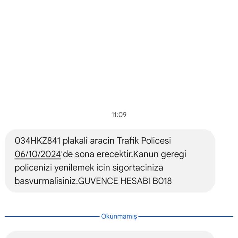 Güvence Hesabı GÜVENCEHSB'den Gelen Trafik Poliçesi Mesajı