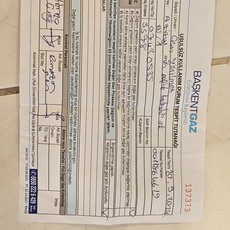 Başkent Doğalgaz Usulsüz Kullanım Tespit Tutanağı