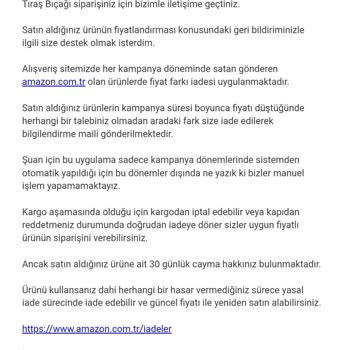 Amazon Fiyat Farkı İadesi Yapmıyor