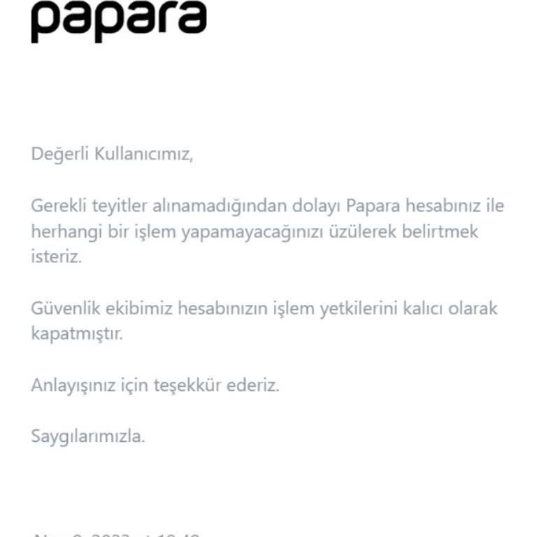 Bana Gelen Yersiz Ödeme İçin Papara'dan Uyarısız Kısıtlandım