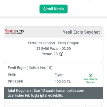 Obilet Üzeri Yeşil Erciş Turizm Şikayet