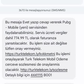 PUBG (Pubgmobile.com) Mesajlar Yoluyla Yüksek Fatura Ücretlendirmesi
