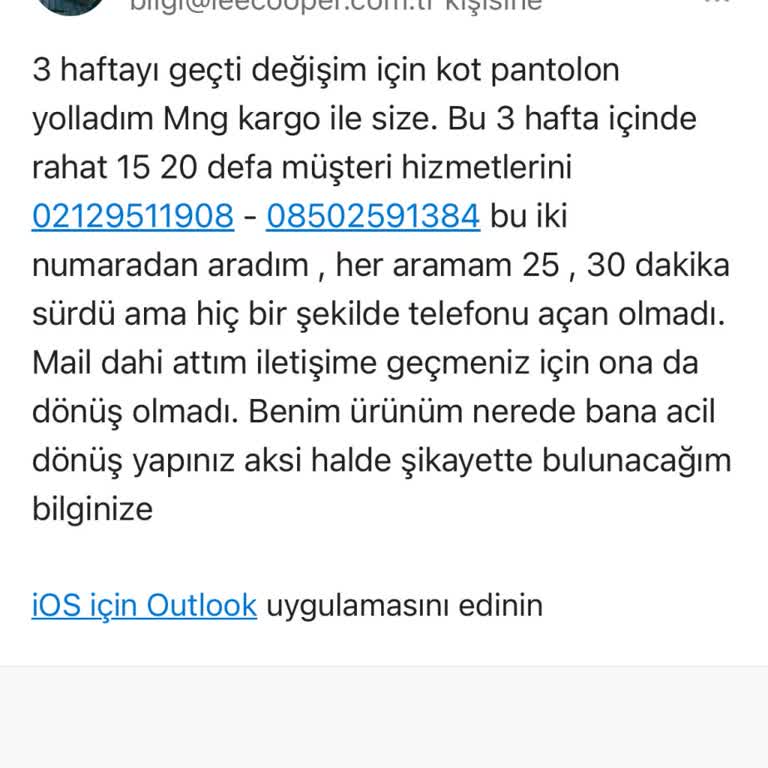 Lee Cooper Müşteri Hizmetleri Telefona Ve Maillere Cevap Vermiyor