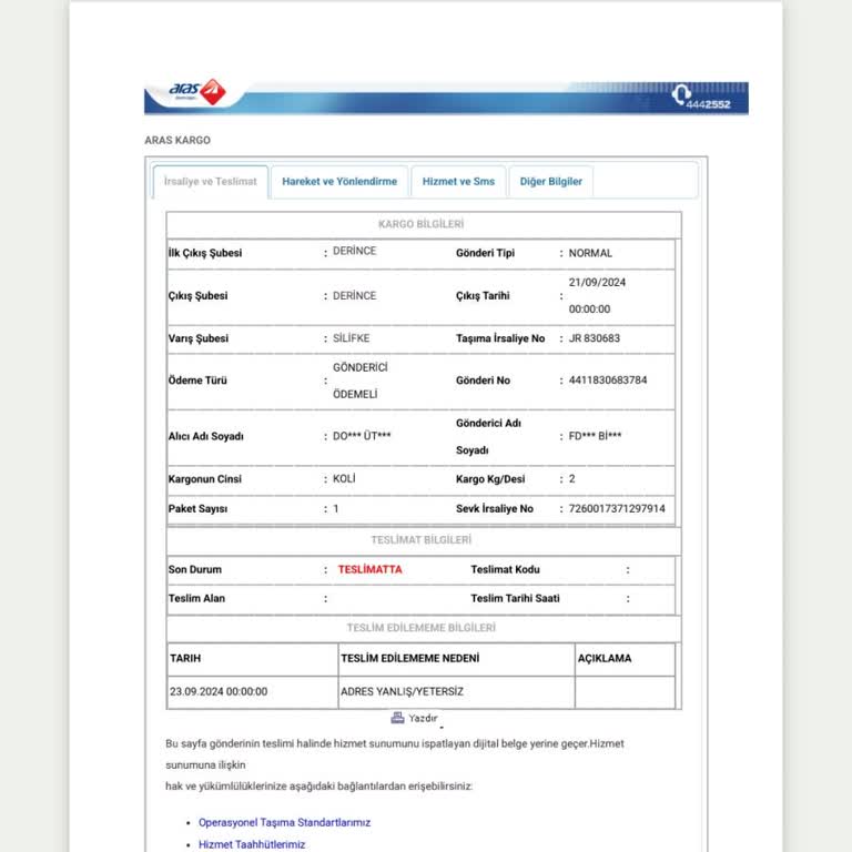Silifke Aras Kargo Şubesi Kargoyu Yeşilovacık Adresimize Getirmiyor