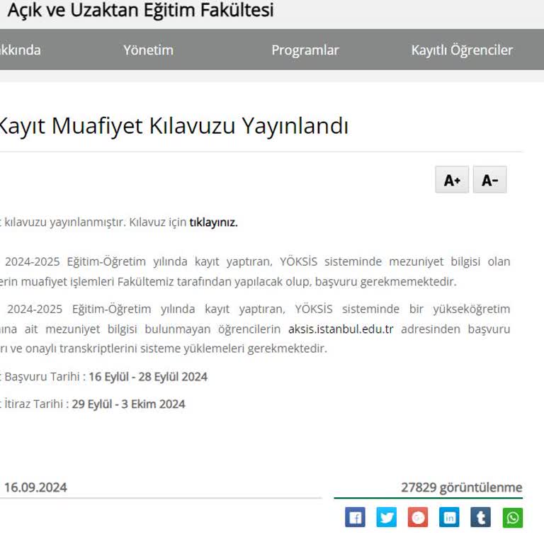 İstanbul Üniversitesi Açık Ve Uzaktan Eğitim Fakültesi Muafiyet