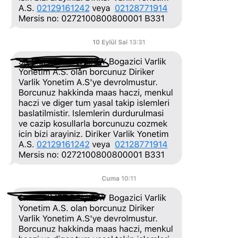 Diriker Varlık Yönetim''den Başkası Adına Numarama Borç Mesajı Geliyor