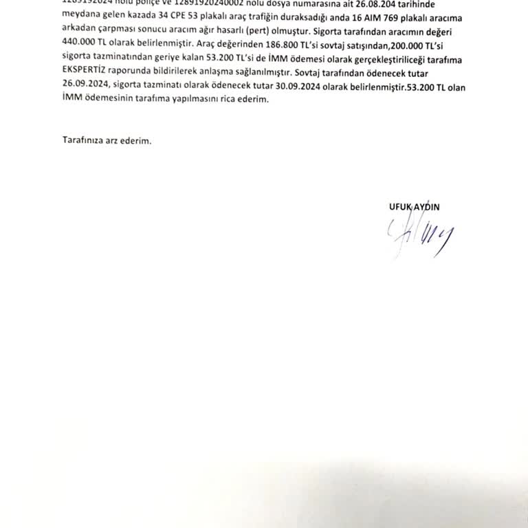 Anadolu Sigorta İmm Tazminatının Tarafıma Ödenmesini İstiyorum.