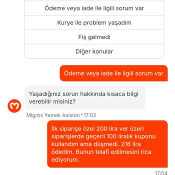 Migros Yemek Kupon Ödemeden Düşmedi