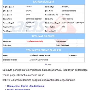 Aras Kargo Saka Şubesi, Yanlış-Hatalı Adres Sebebi İle Kargo Gelmemesi