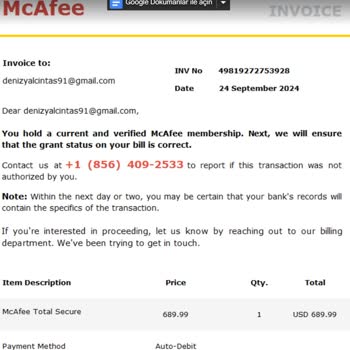 Mcafee Asılsız Sipariş Maili