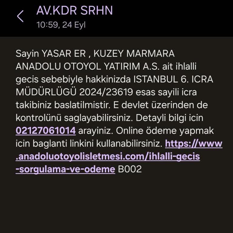 Kuzey Marmara Otoyolu Avukatlık İhlali Geçiş Borcu