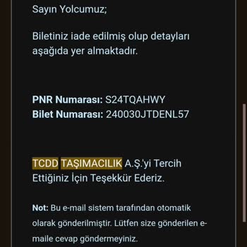 TCDD İade Olan Bilet Parası Yatmadı