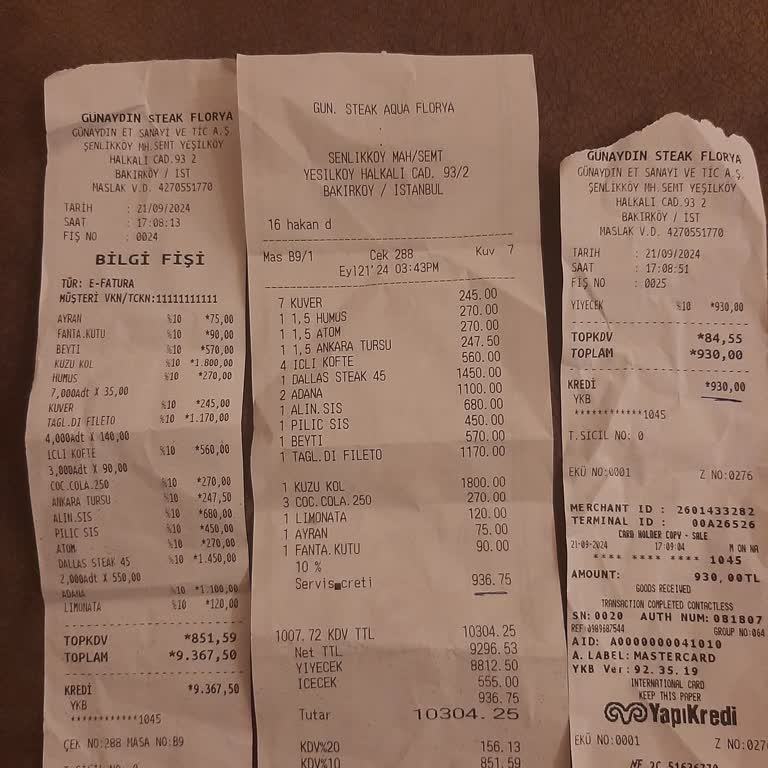 Günaydın Restaurant Aqua Florya Günaydın Steak Hesap Fişi - Bilgi Fişi Farklılığı!