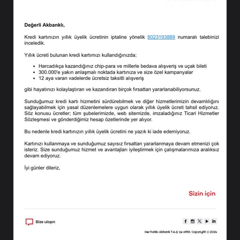 Akbank Yıllık Üyelik Ücreti