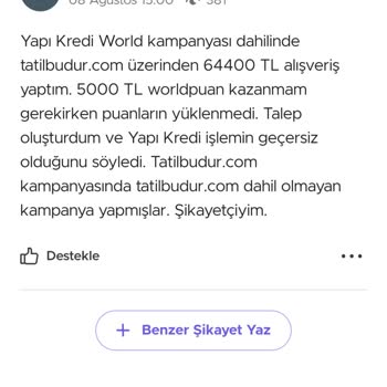 Tatilbudur 5000 TL World Puan Yüklenmedi