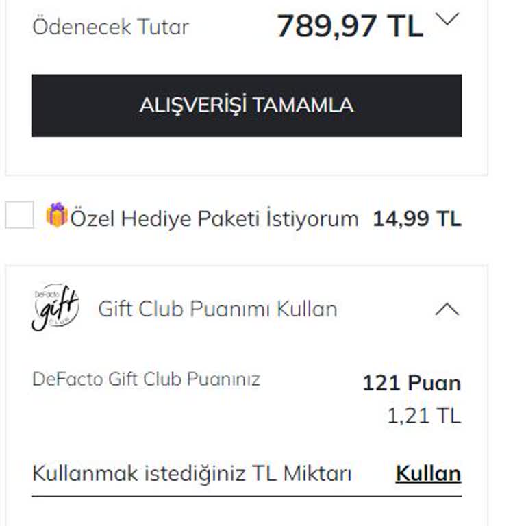 DeFacto Gift Puan Hatası