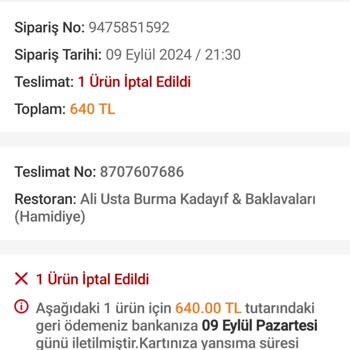 Trendyol Yemek Trendyol Paramı İade Etmedi