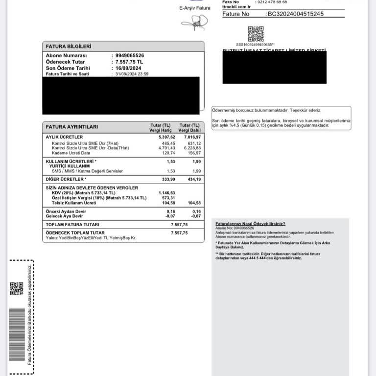 Türk Telekom Bilgilendirme Dışı Fatura