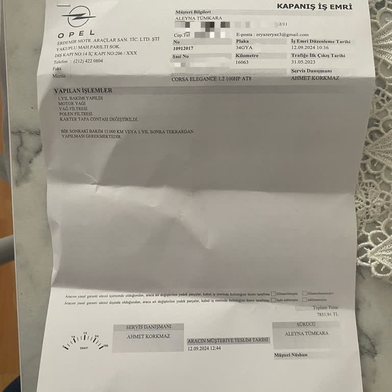 Opel Erdemir (İstanbul) Serviste Unutulan Ruhsat Ve Müşteri Memnuniyetsizliği