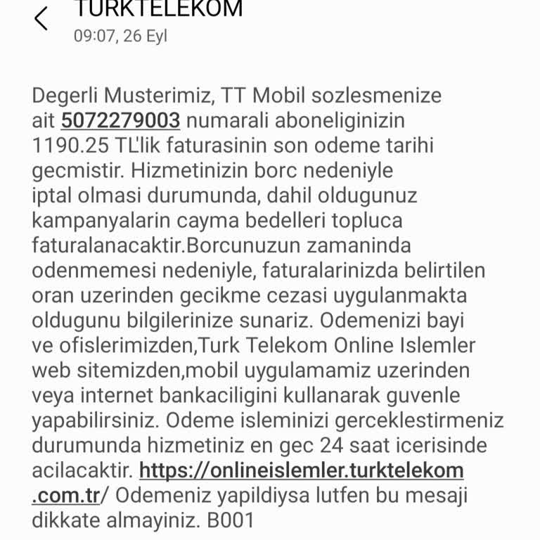 Türk Telekom, Alakasız Faturalandırma Mesajı
