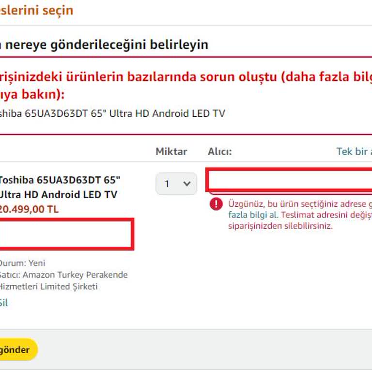 Amazon Ürün Siparişinde Hata