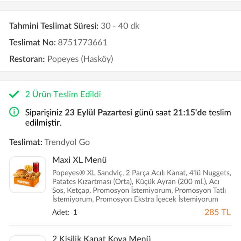 Şikayet Trendyol GO Yemek Ve Popeyes