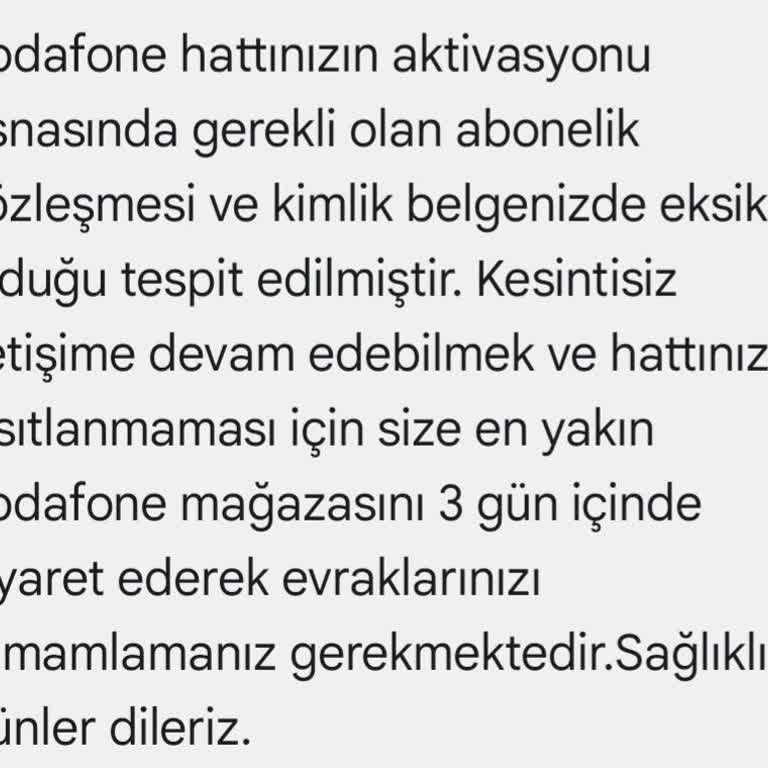 Vodafone Hattım Evrak Eksikliği Nedeniyle İptal Olmak Üzere