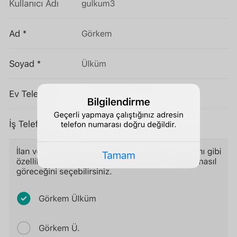 Sahibinden Hesap Numara Hatası