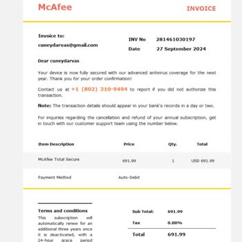 Mcafee Adına Yalan Yanlış Fatura Göndermiş Şüpheli Mail