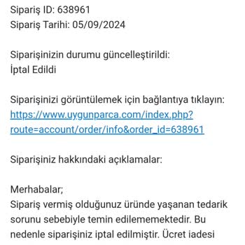 Uygunparca.com Ürün Tedarik Edilmedi Ve Fiyat Artışı Yaşandı