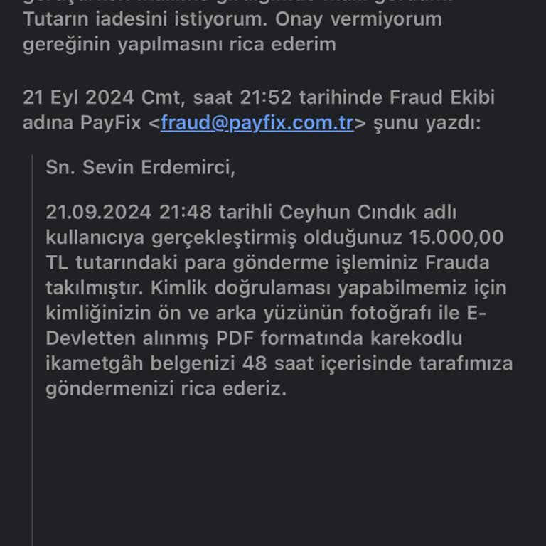 PayFix Hesabımdan Bilgim Dışında Yapılan Para Transferi