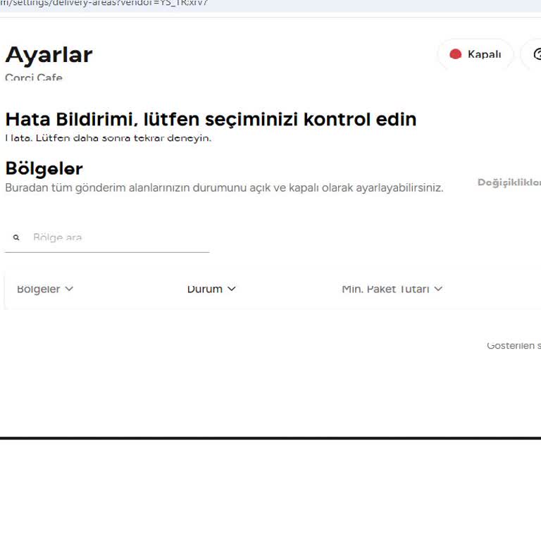 Yemeksepeti Gönderim Bölgesi Hatası