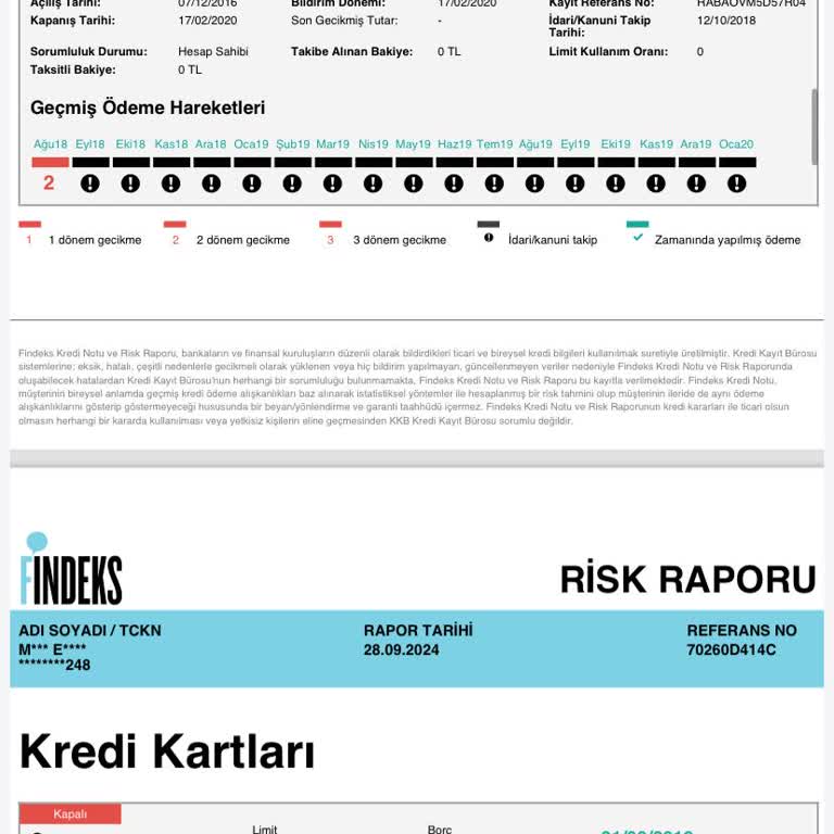 Findeks Raporu Kapalı Kartlar Hala Görünüyor