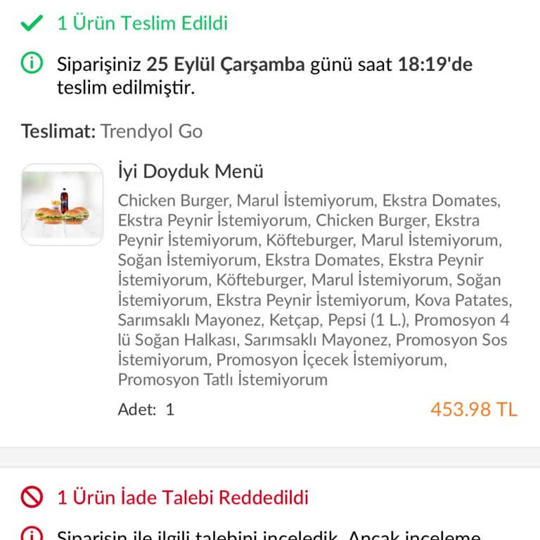 Trendyol Yemek Eksik Ürün İade Ücreti Reddi
