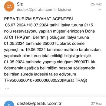 Pera Tur Ücret İadesi Yapmıyor